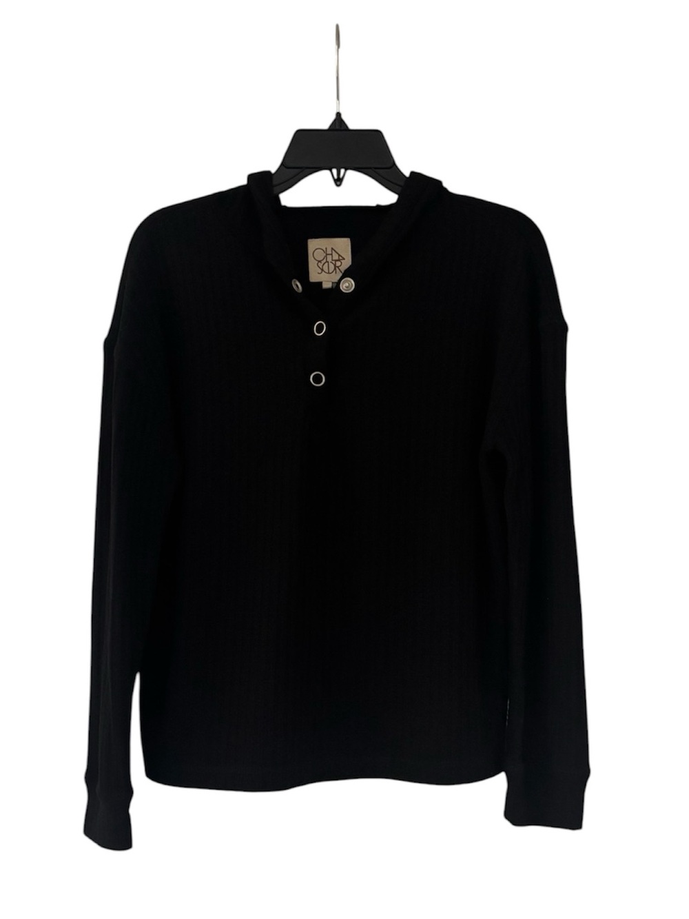 CHASER Black Ribbed Henley Half Button Down Long Sleeve Top with Hoodie
